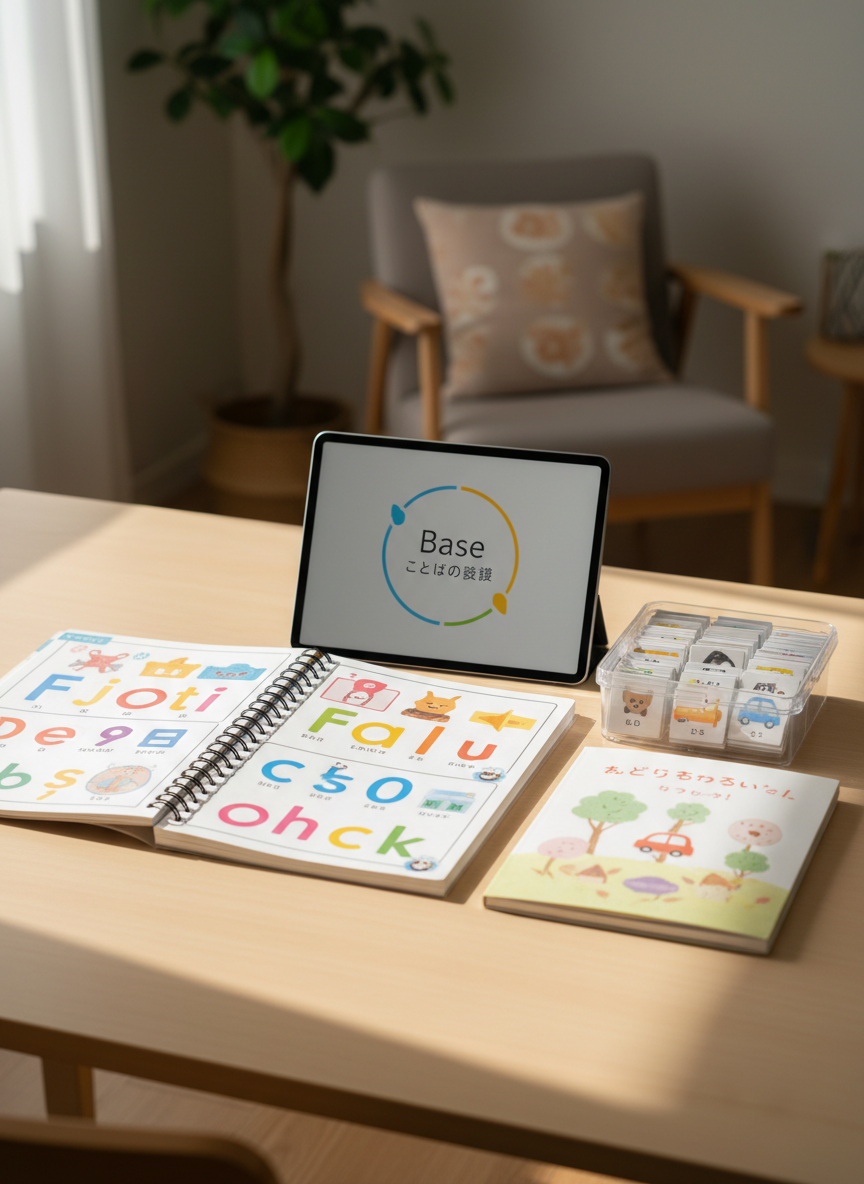 A neatly arranged set of language support materials displayed on a light wood desk in a calm home-visit setting. A thick, spiral-bound articulation workbook with colorful phoneme symbols lies open beside a clear plastic box of small object cards labeled with simple Japanese words. Nearby, a soft, pastel-colored picture book about sounds rests next to a tablet showing a clean, modern logo for “Baseことばの支援”. Soft morning daylight filters through an unseen window, creating gentle reflections on the desk surface and subtle shadows from the materials. Photographic realism with a clean, professional aesthetic, shot at eye level with a shallow depth of field so the central materials are in crisp focus while the background fades into a soft, warm blur, conveying reliability and calm support.